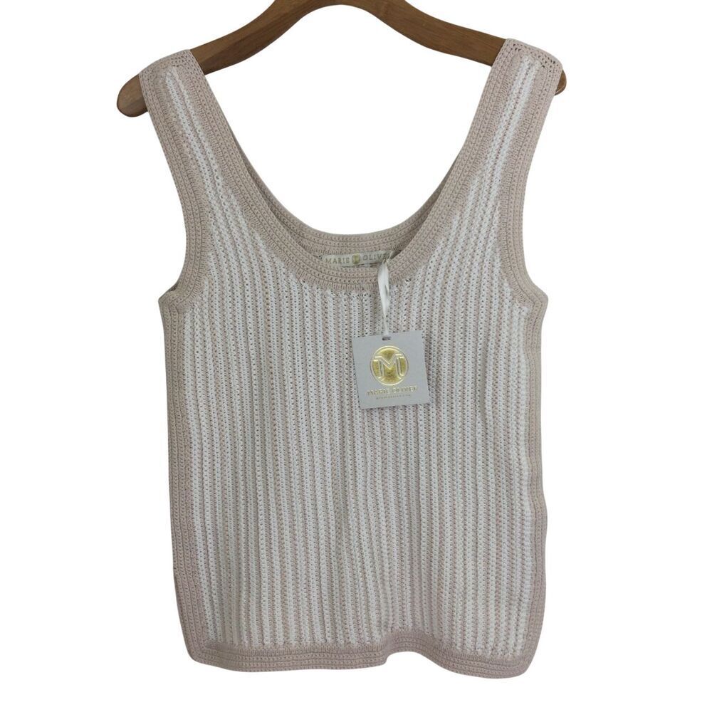 Marie Oliver Womens Crochet Cotton Striped Sleeveless Tank Top White/Ash L NWT